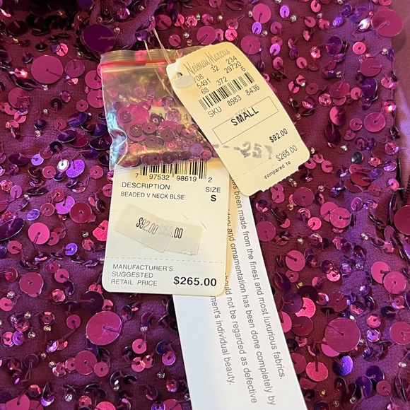 NWT Aidan Mattox Pink Purple Sequin Blouse Shirt Ruched Sleeves V Neck Size S - Picture 11 of 16